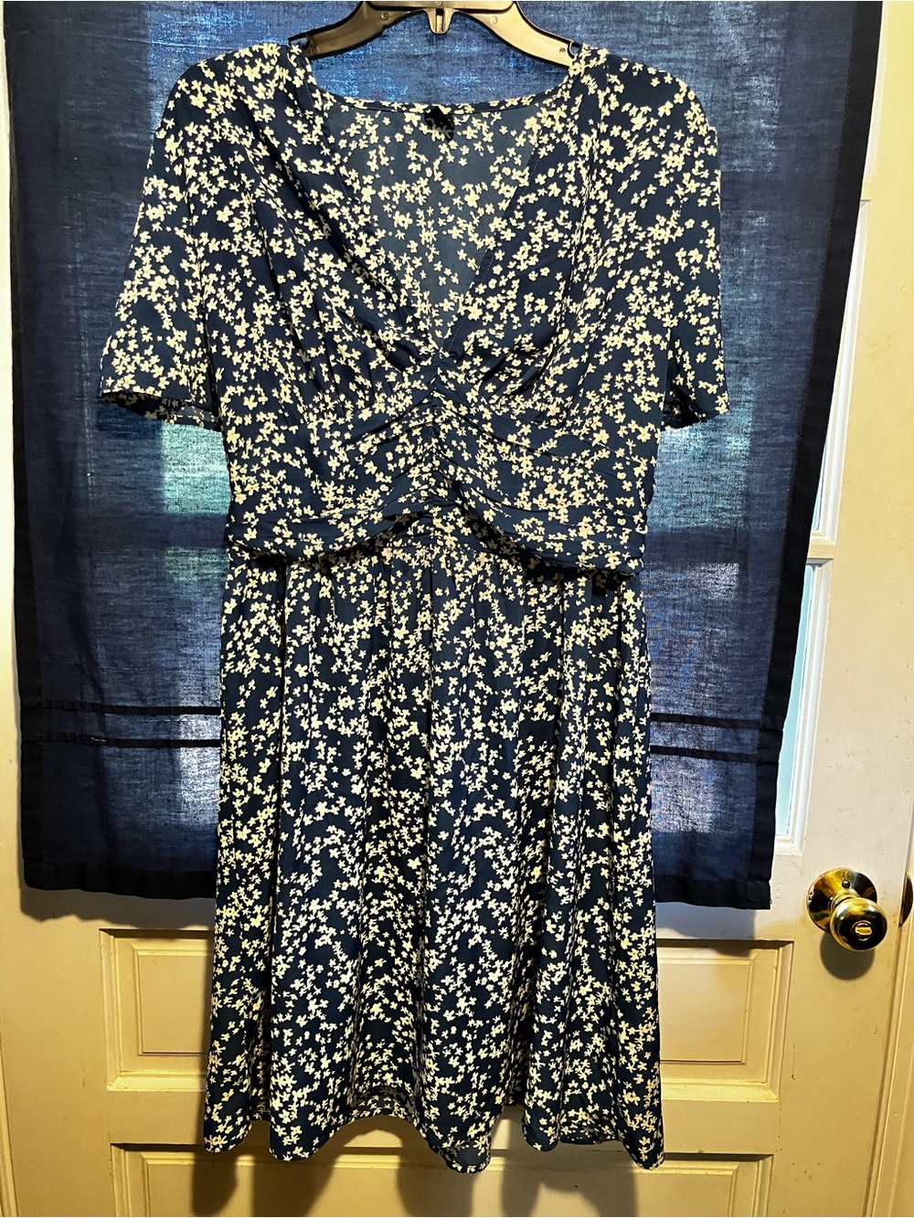 SHEIN Navy and White Floral Twist-Front Midi Dress